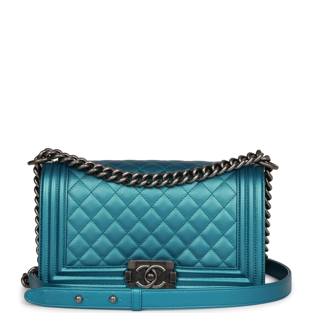 Top Quality Chanel Medium Boy Bag Metallic Blue Caviar Ruthenium Hardware