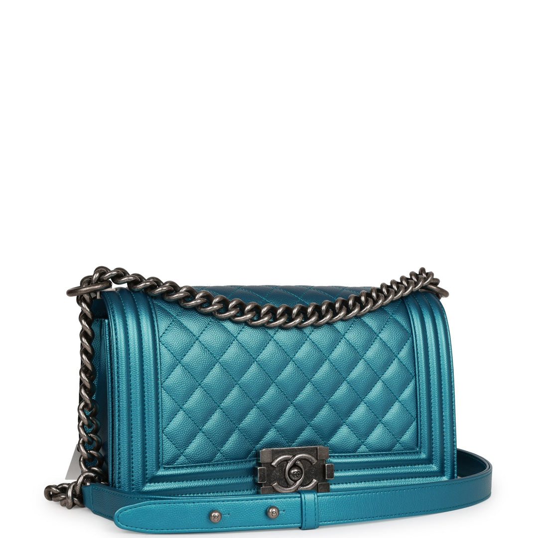 Top Quality Chanel Medium Boy Bag Metallic Blue Caviar Ruthenium Hardware