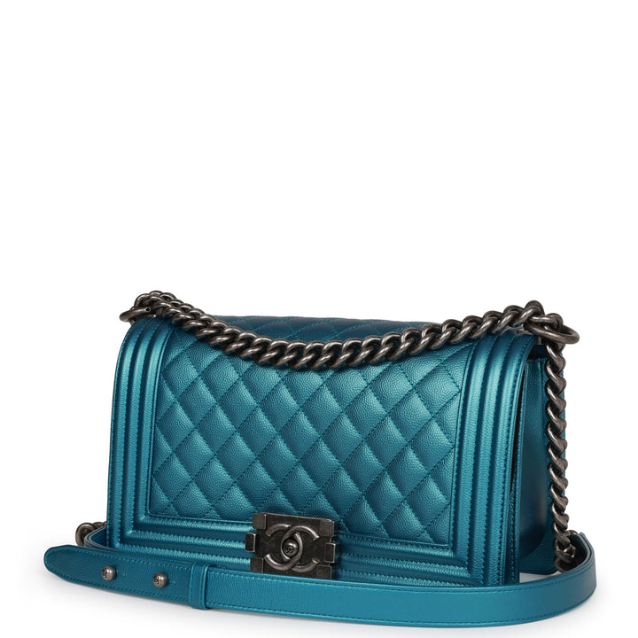 Top Quality Chanel Medium Boy Bag Metallic Blue Caviar Ruthenium Hardware