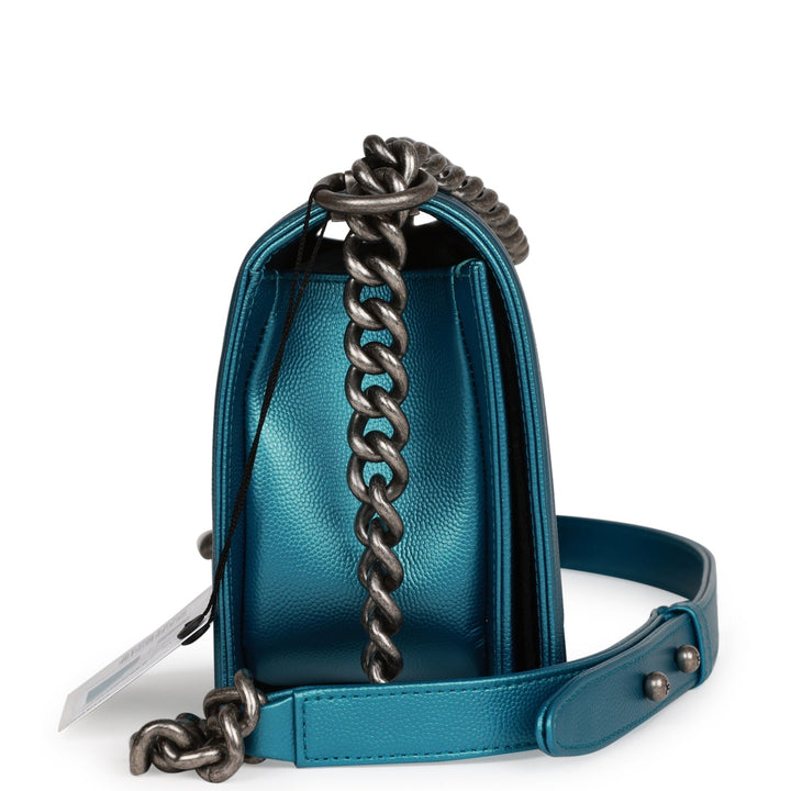 Top Quality Chanel Medium Boy Bag Metallic Blue Caviar Ruthenium Hardware