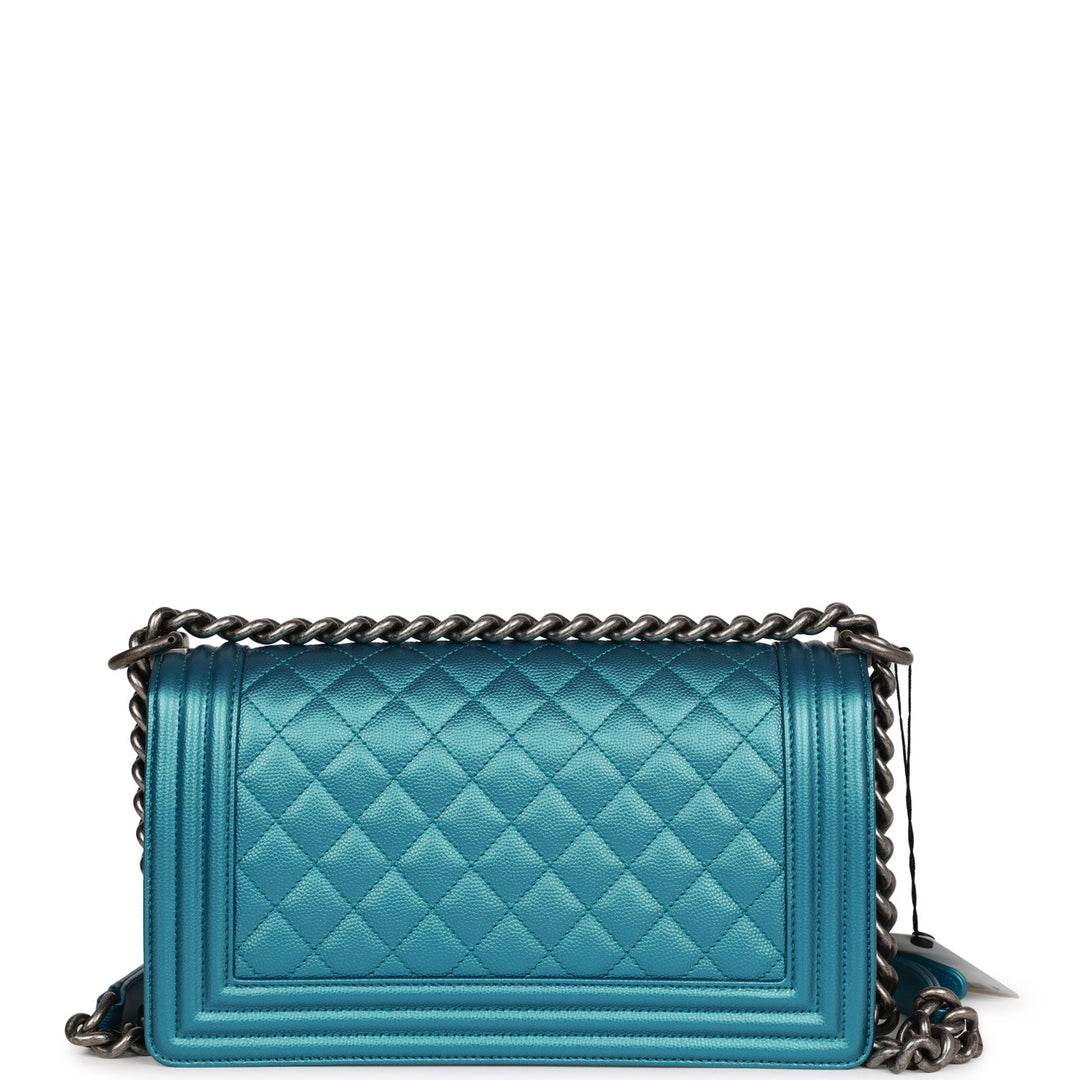 Top Quality Chanel Medium Boy Bag Metallic Blue Caviar Ruthenium Hardware