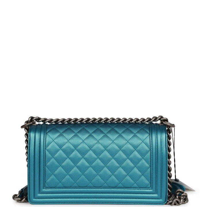 Top Quality Chanel Medium Boy Bag Metallic Blue Caviar Ruthenium Hardware