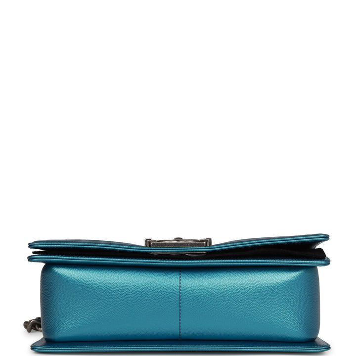 Top Quality Chanel Medium Boy Bag Metallic Blue Caviar Ruthenium Hardware