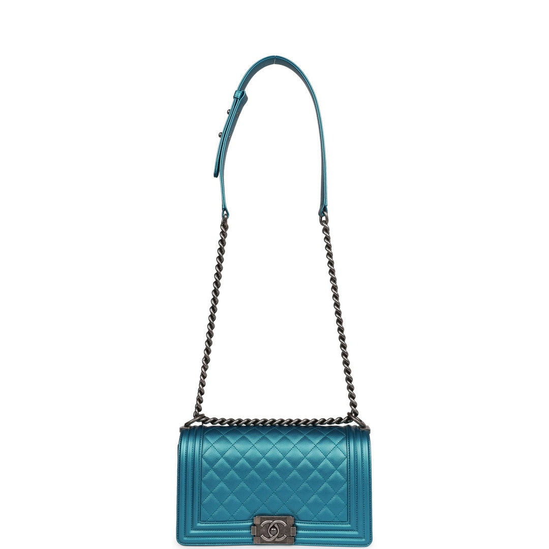 Top Quality Chanel Medium Boy Bag Metallic Blue Caviar Ruthenium Hardware