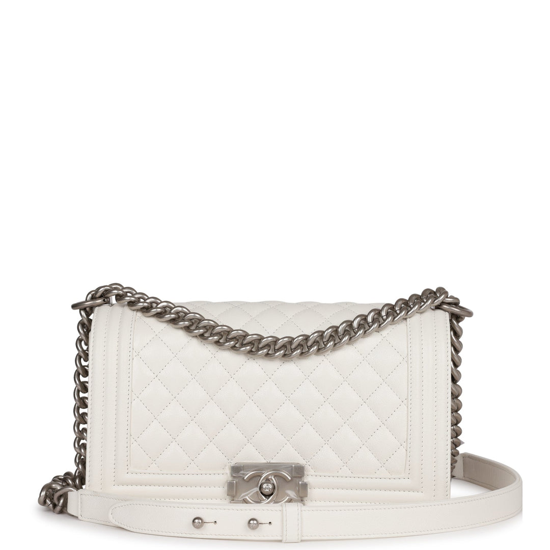 Top Quality Chanel Medium Boy Bag White Caviar Aged Silver Hardware