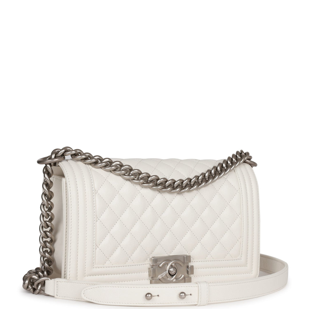 Top Quality Chanel Medium Boy Bag White Caviar Aged Silver Hardware