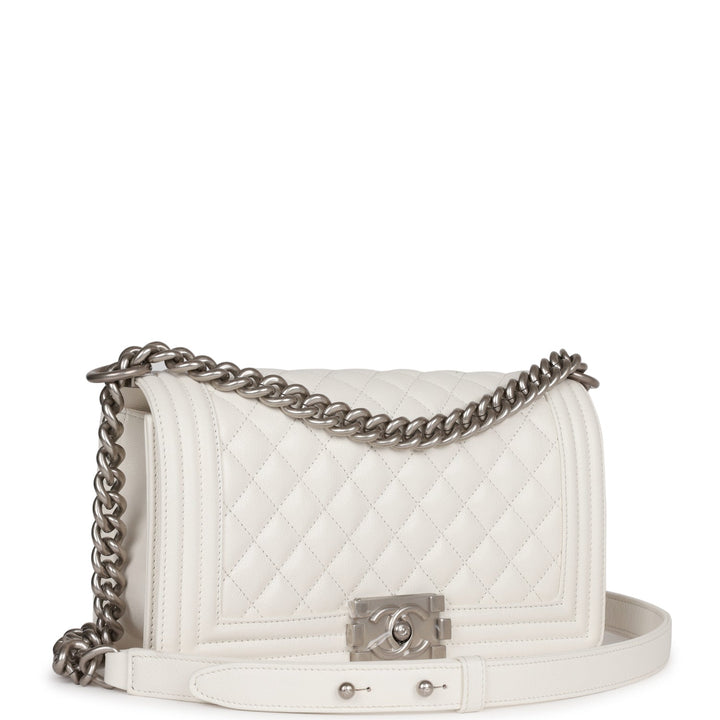 Top Quality Chanel Medium Boy Bag White Caviar Aged Silver Hardware