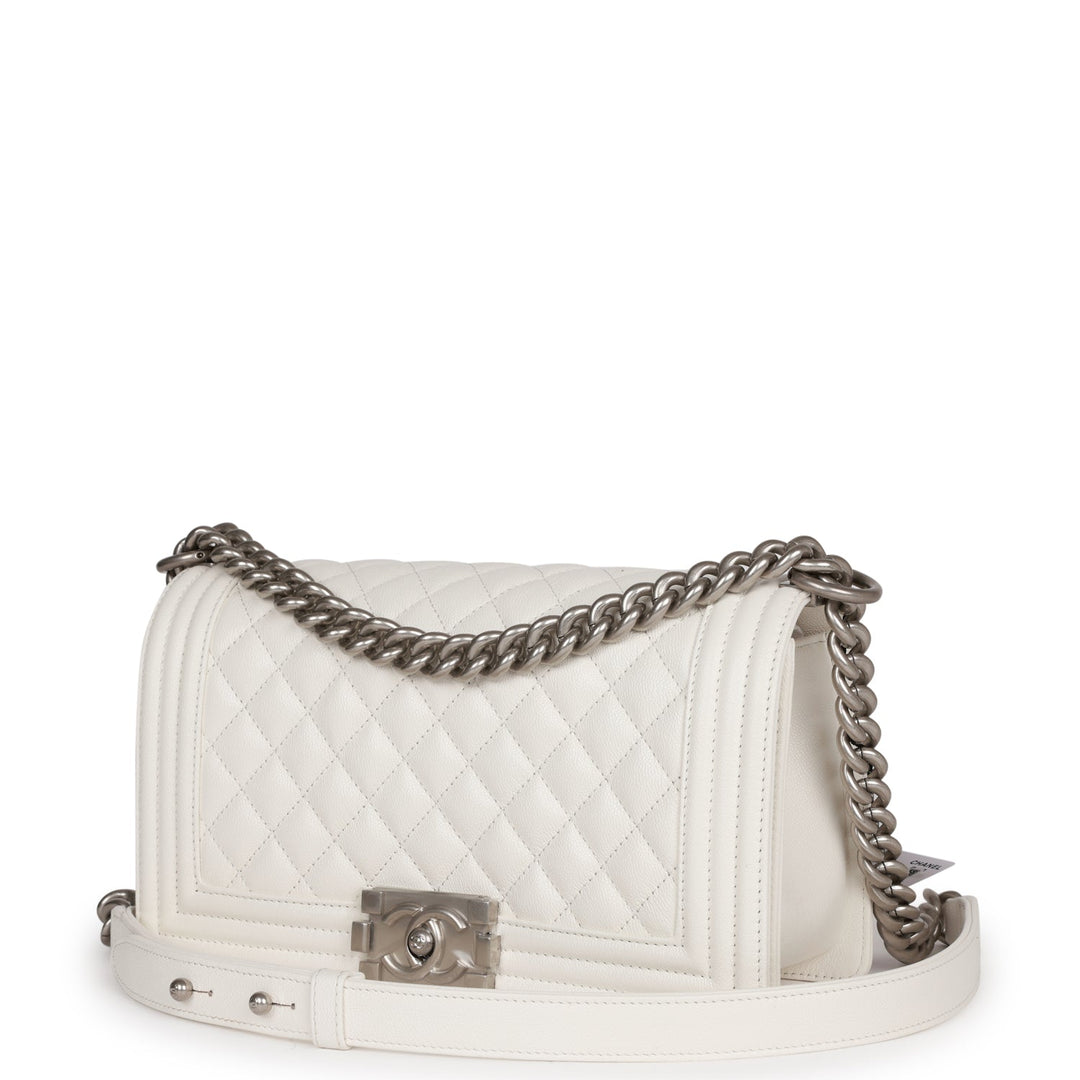 Top Quality Chanel Medium Boy Bag White Caviar Aged Silver Hardware