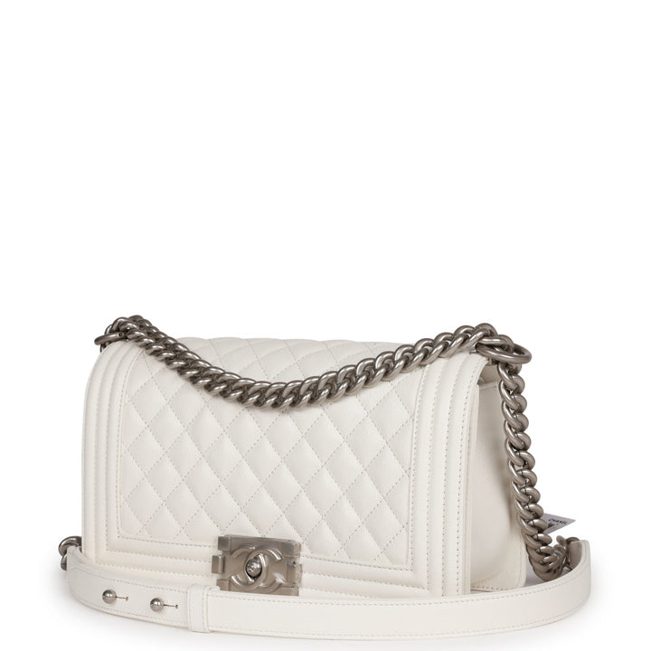 Top Quality Chanel Medium Boy Bag White Caviar Aged Silver Hardware