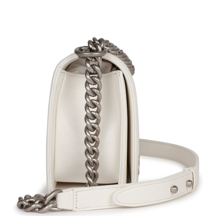 Top Quality Chanel Medium Boy Bag White Caviar Aged Silver Hardware