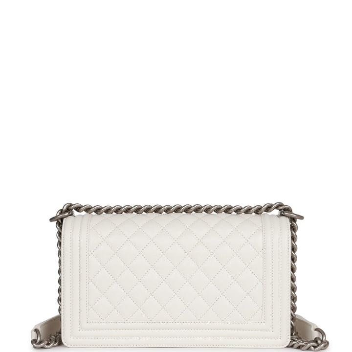 Top Quality Chanel Medium Boy Bag White Caviar Aged Silver Hardware