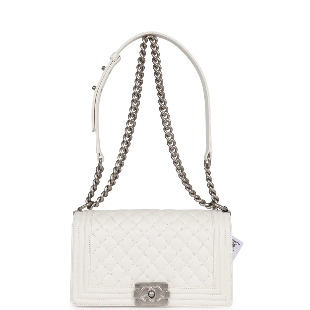 Top Quality Chanel Medium Boy Bag White Caviar Aged Silver Hardware