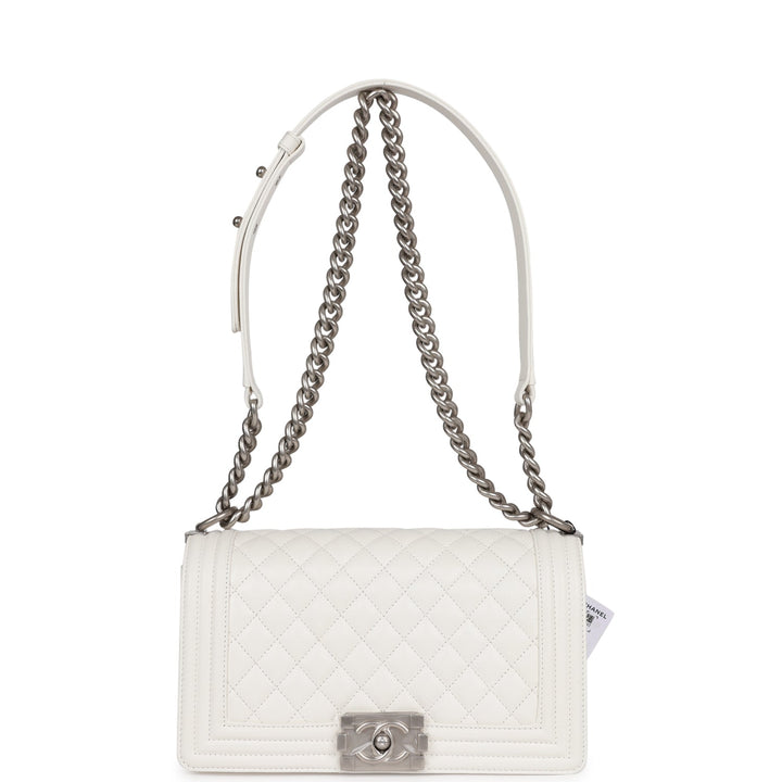 Top Quality Chanel Medium Boy Bag White Caviar Aged Silver Hardware