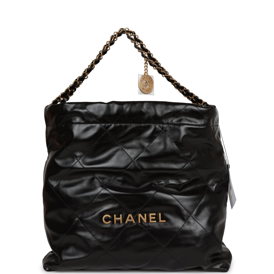 Top Quality Chanel Medium 22 Bag Black Calfskin Aged Gold Hardware
