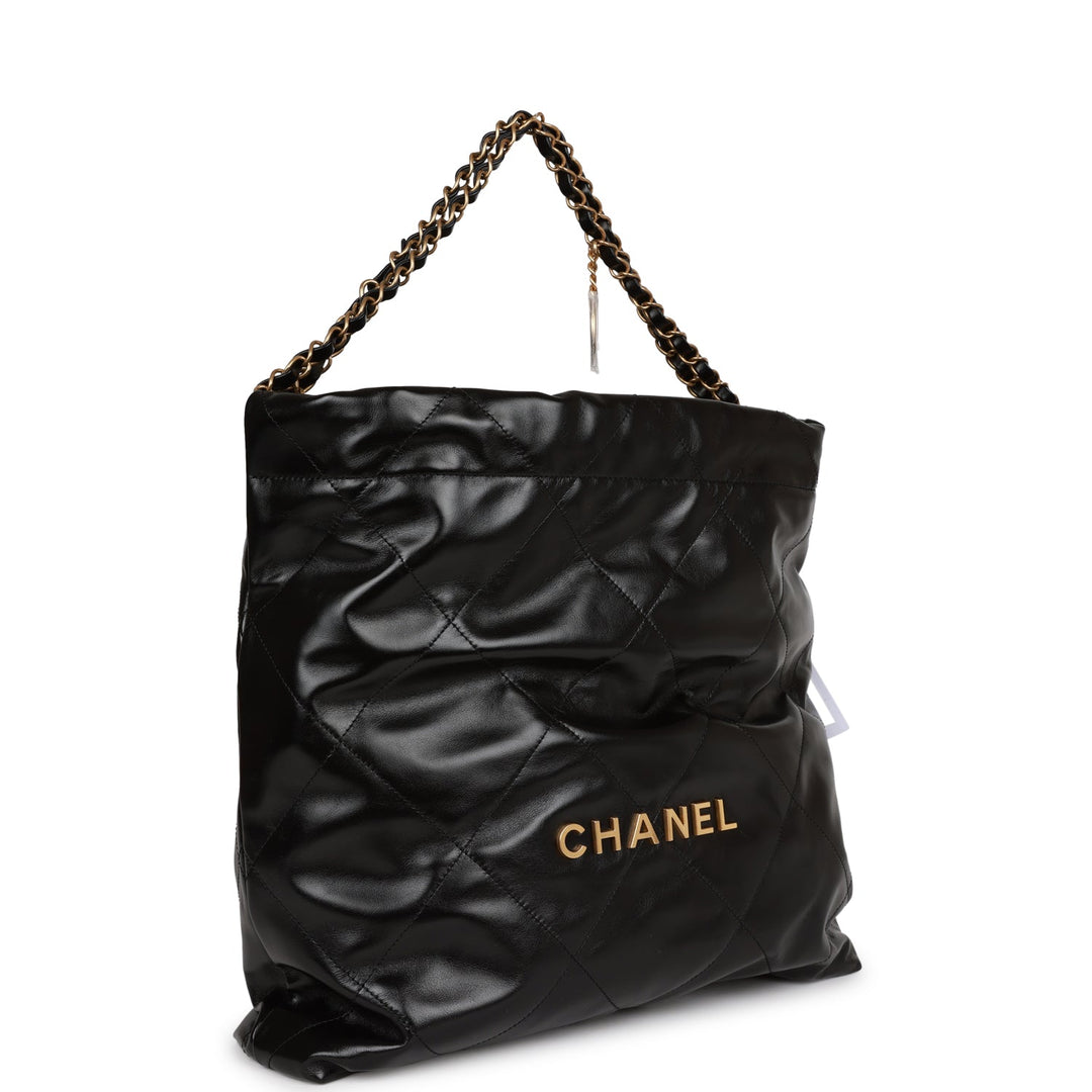 Top Quality Chanel Medium 22 Bag Black Calfskin Aged Gold Hardware