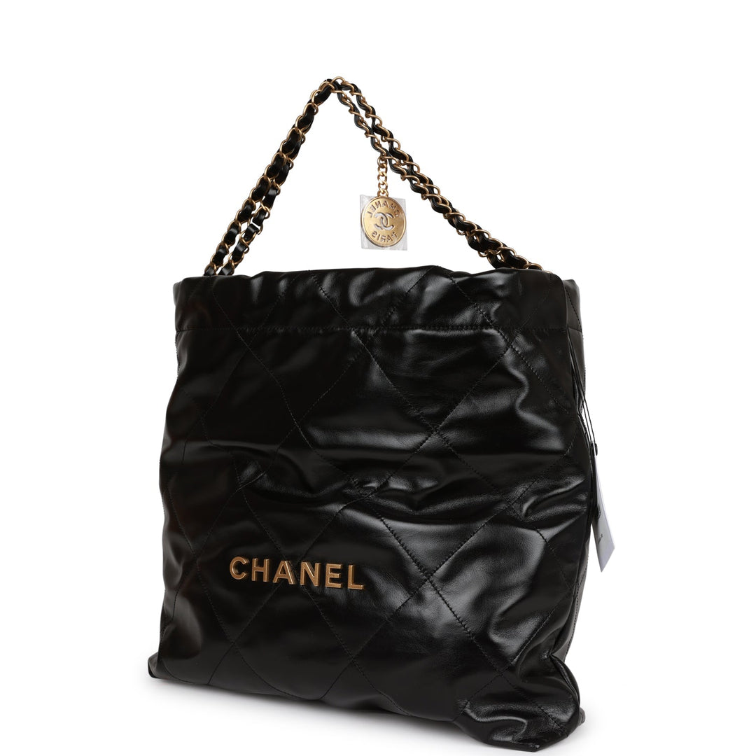 Top Quality Chanel Medium 22 Bag Black Calfskin Aged Gold Hardware