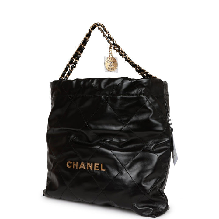 Top Quality Chanel Medium 22 Bag Black Calfskin Aged Gold Hardware