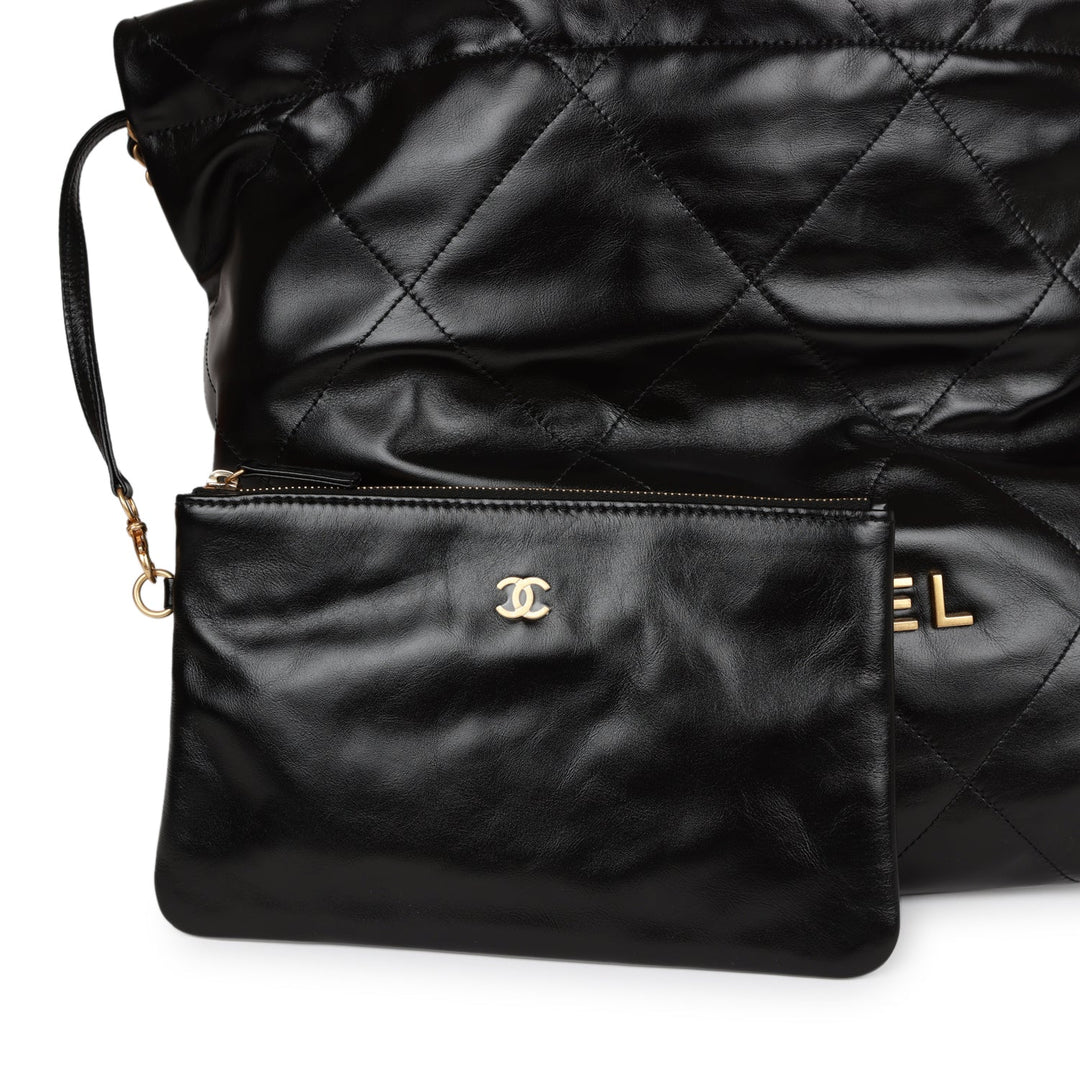 Top Quality Chanel Medium 22 Bag Black Calfskin Aged Gold Hardware