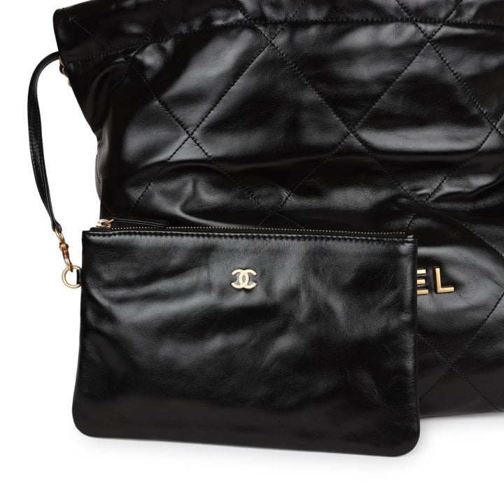 Top Quality Chanel Medium 22 Bag Black Calfskin Aged Gold Hardware