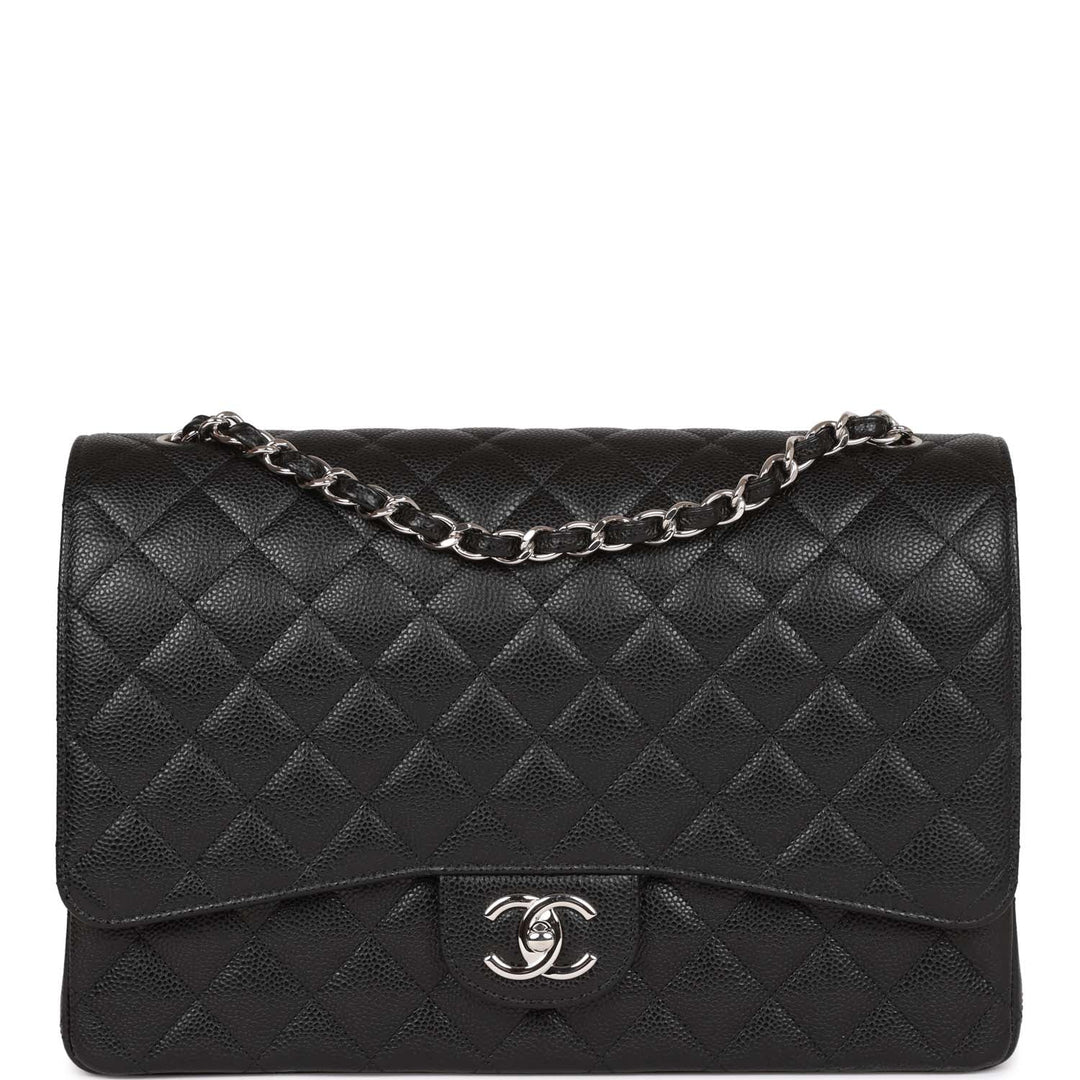 Top Quality Chanel Maxi Classic Double Flap Bag Black Quilted Caviar Silver Hardware