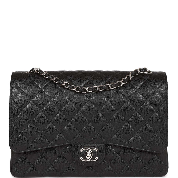 Top Quality Chanel Maxi Classic Double Flap Bag Black Quilted Caviar Silver Hardware