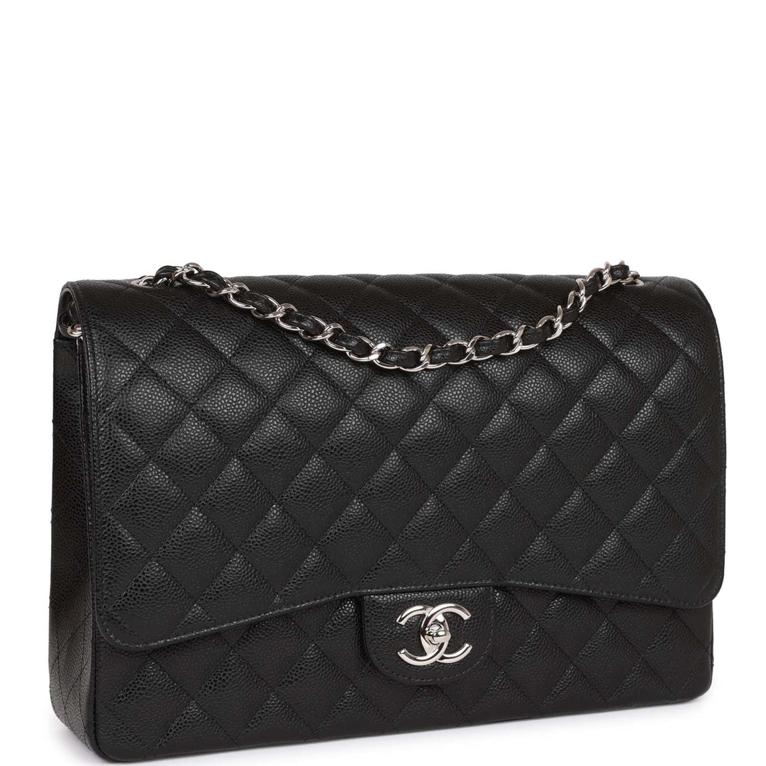 Top Quality Chanel Maxi Classic Double Flap Bag Black Quilted Caviar Silver Hardware