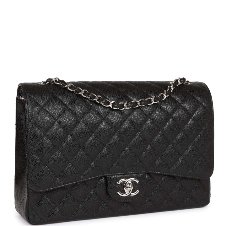 Top Quality Chanel Maxi Classic Double Flap Bag Black Quilted Caviar Silver Hardware
