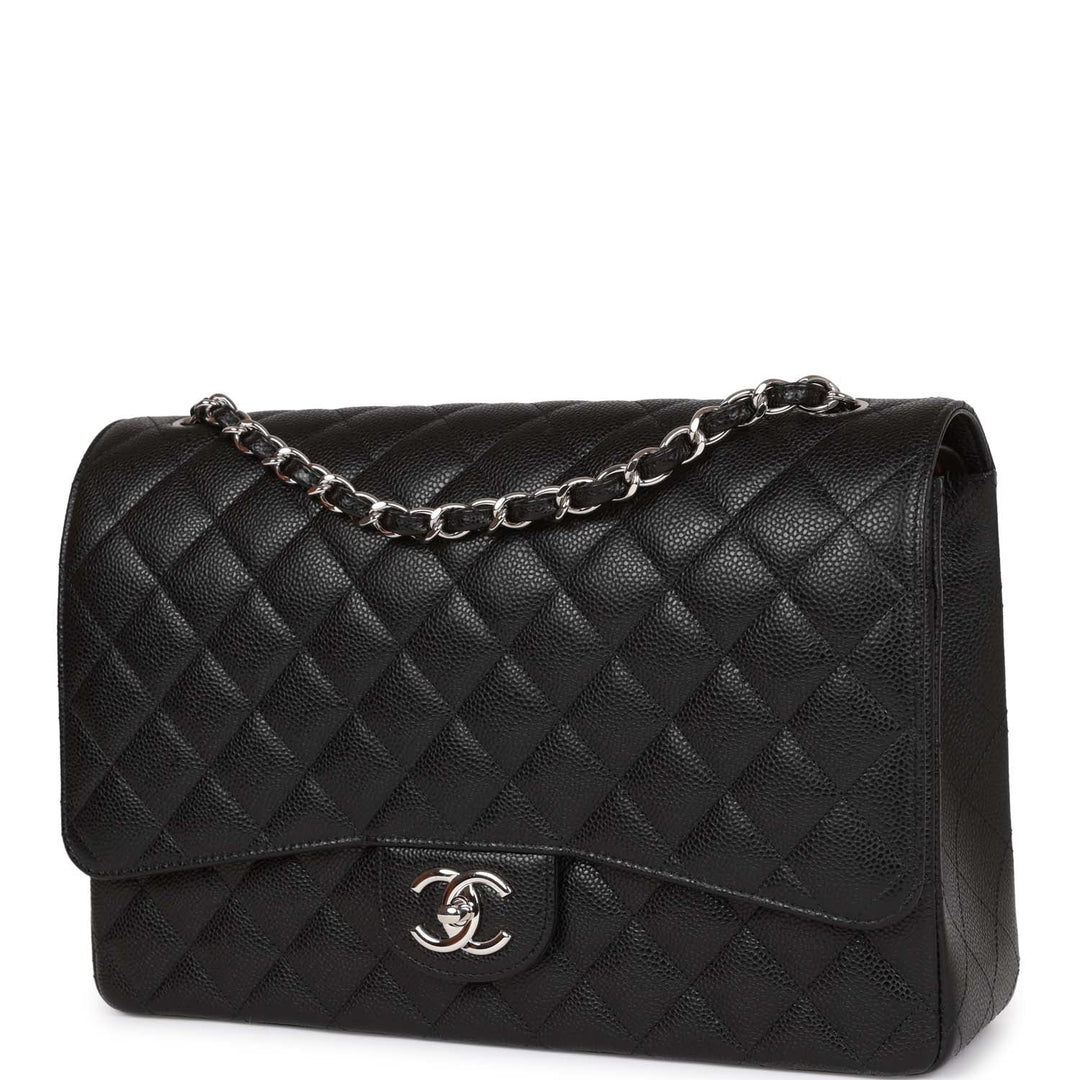 Top Quality Chanel Maxi Classic Double Flap Bag Black Quilted Caviar Silver Hardware