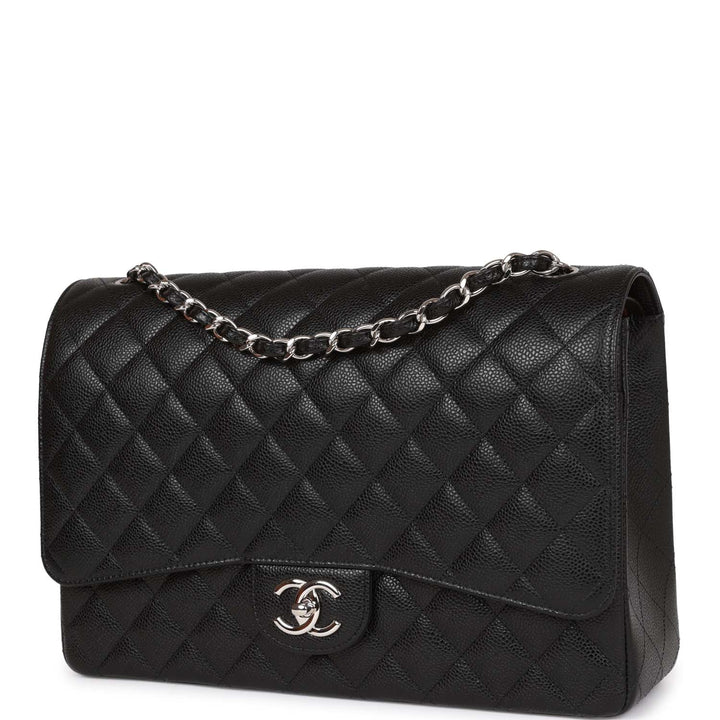 Top Quality Chanel Maxi Classic Double Flap Bag Black Quilted Caviar Silver Hardware