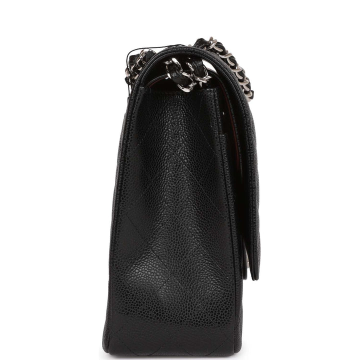 Top Quality Chanel Maxi Classic Double Flap Bag Black Quilted Caviar Silver Hardware