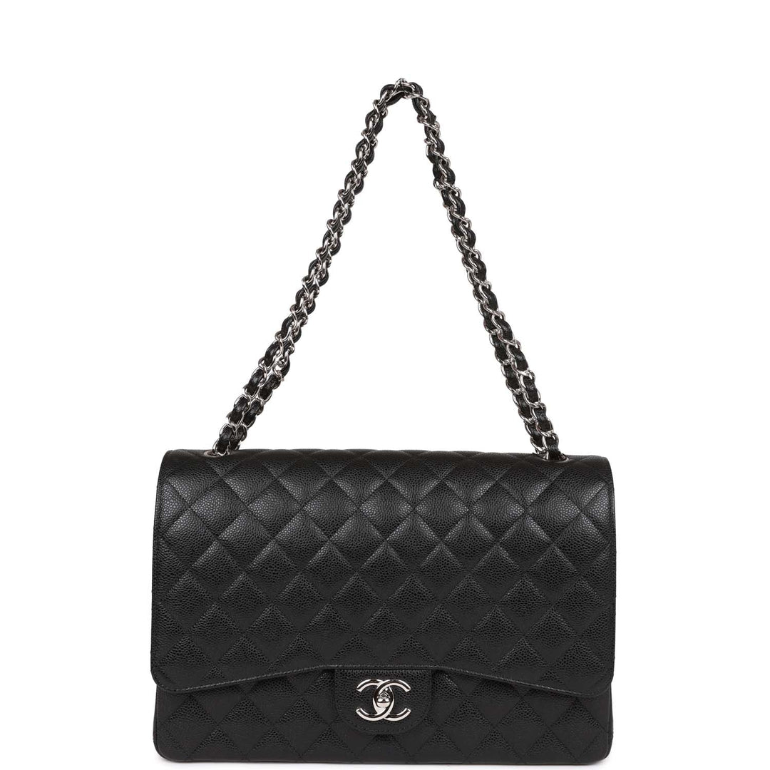 Top Quality Chanel Maxi Classic Double Flap Bag Black Quilted Caviar Silver Hardware