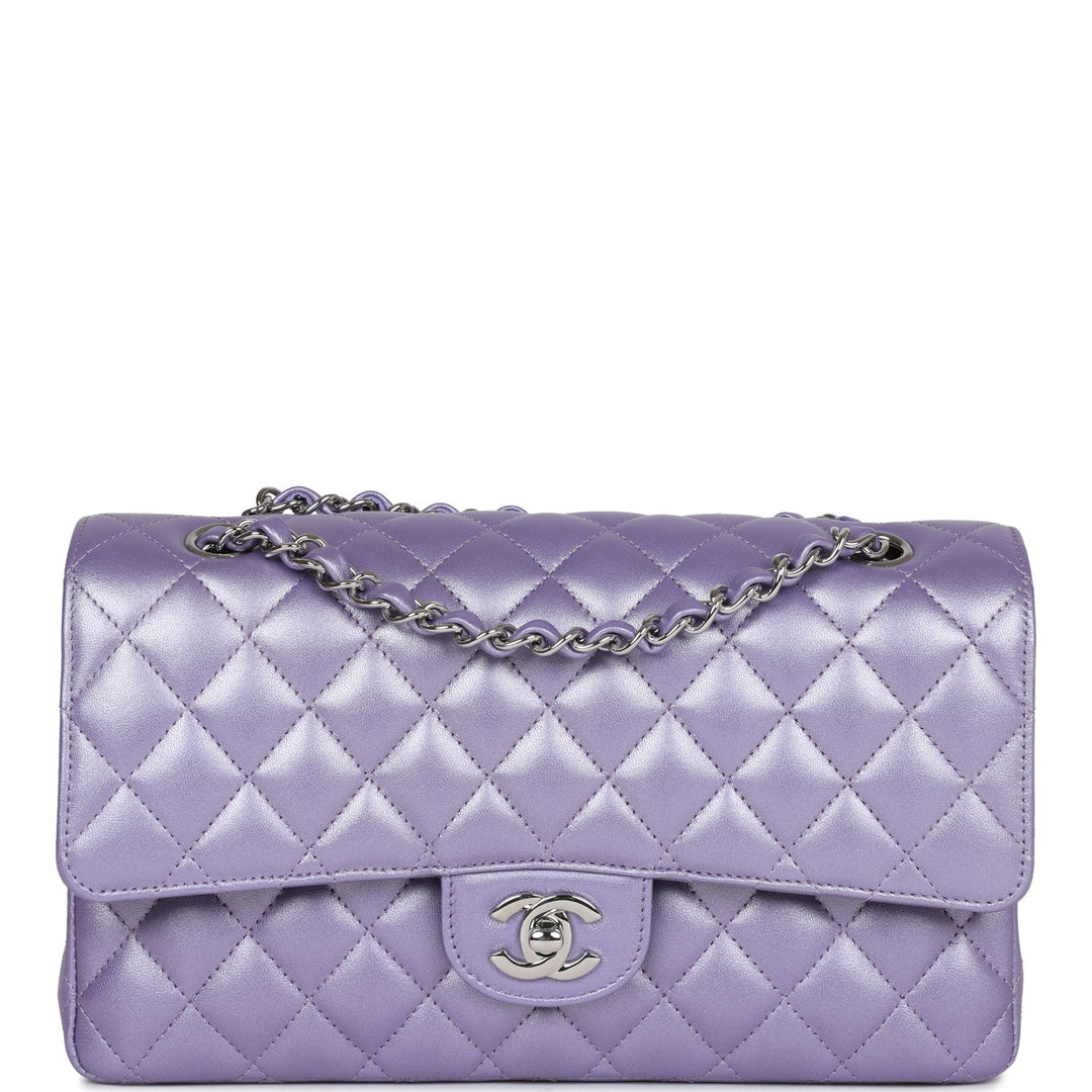 Top Quality Chanel Medium Classic Double Flap Bag Purple Metallic Lambskin Silver Hardware