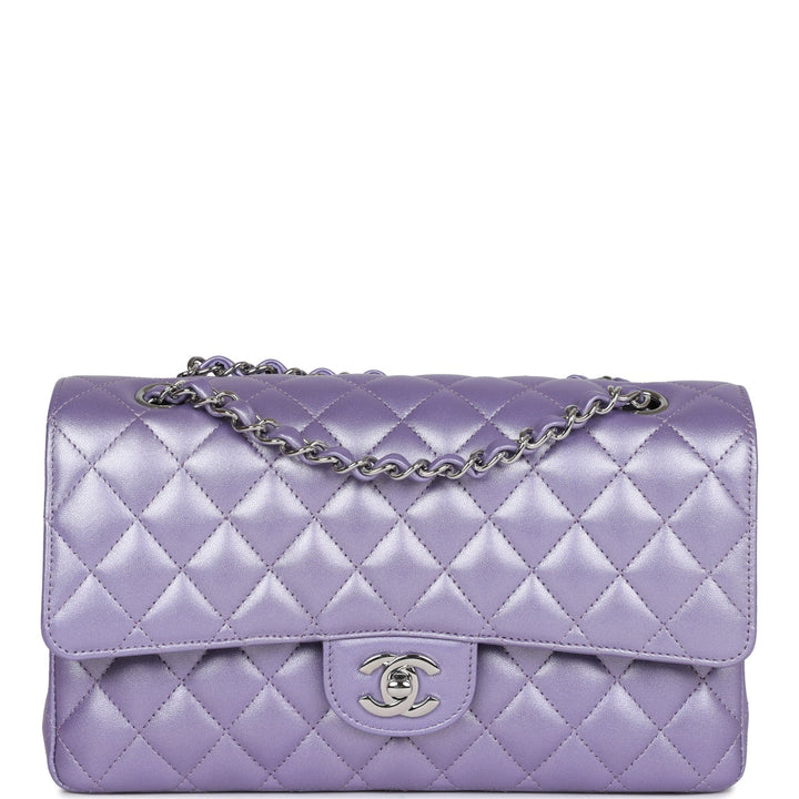 Top Quality Chanel Medium Classic Double Flap Bag Purple Metallic Lambskin Silver Hardware