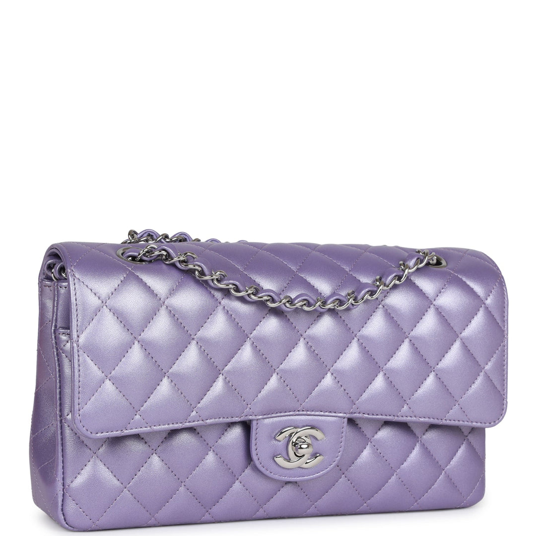 Top Quality Chanel Medium Classic Double Flap Bag Purple Metallic Lambskin Silver Hardware