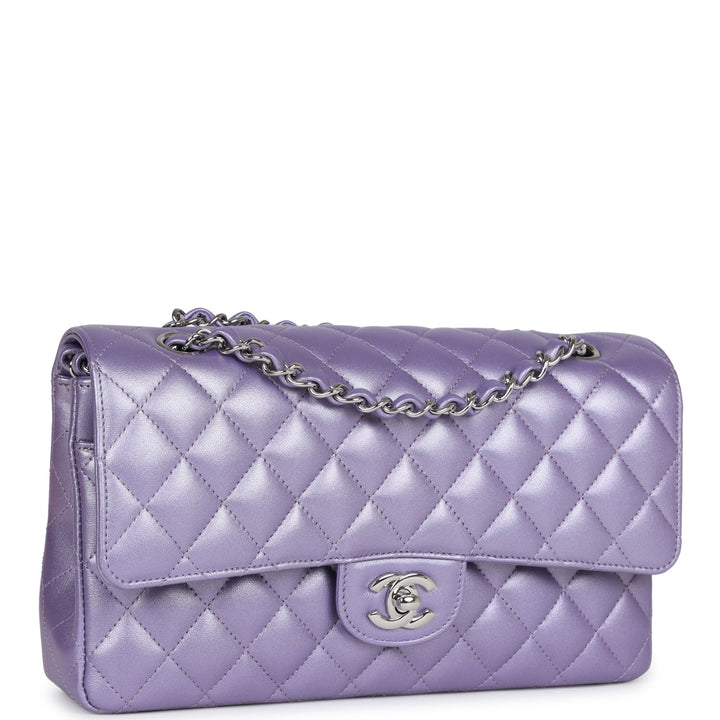 Top Quality Chanel Medium Classic Double Flap Bag Purple Metallic Lambskin Silver Hardware
