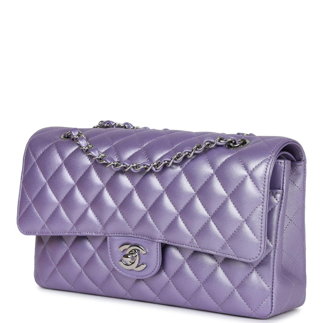 Top Quality Chanel Medium Classic Double Flap Bag Purple Metallic Lambskin Silver Hardware