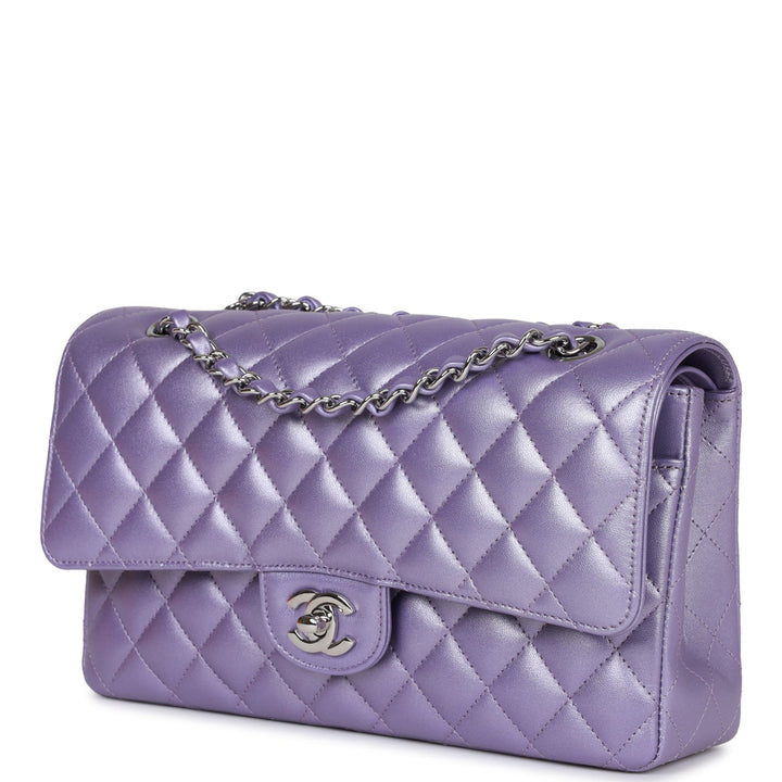 Top Quality Chanel Medium Classic Double Flap Bag Purple Metallic Lambskin Silver Hardware