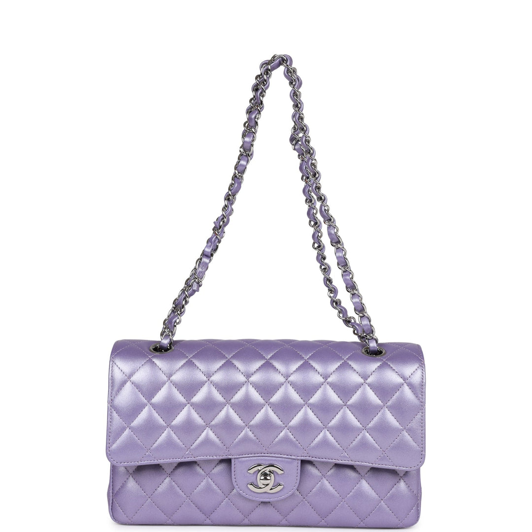 Top Quality Chanel Medium Classic Double Flap Bag Purple Metallic Lambskin Silver Hardware
