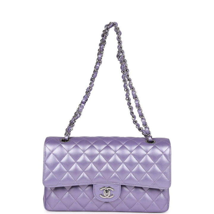 Top Quality Chanel Medium Classic Double Flap Bag Purple Metallic Lambskin Silver Hardware