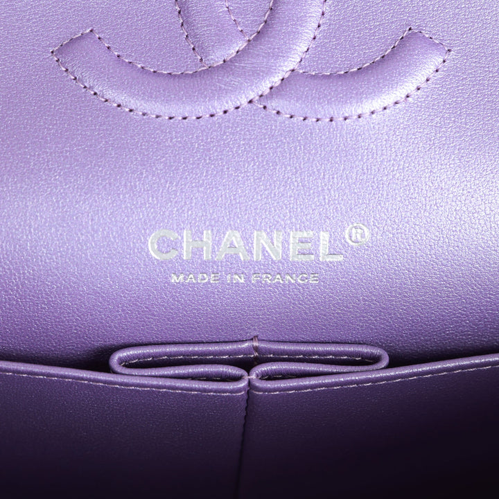 Top Quality Chanel Medium Classic Double Flap Bag Purple Metallic Lambskin Silver Hardware