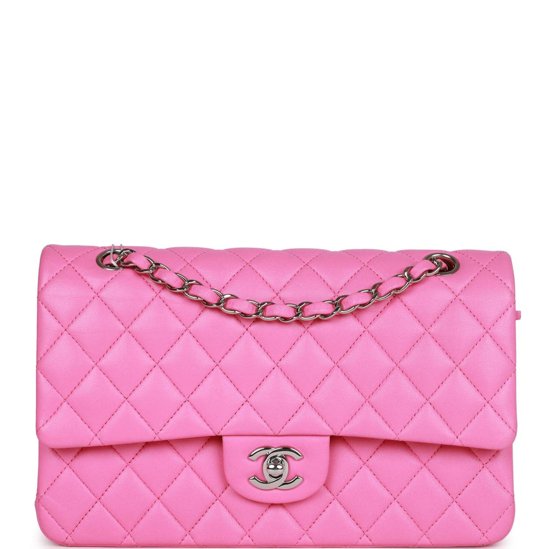 Top Quality Chanel Medium Classic Double Flap Bag Neon Pink Lambskin Silver Hardware
