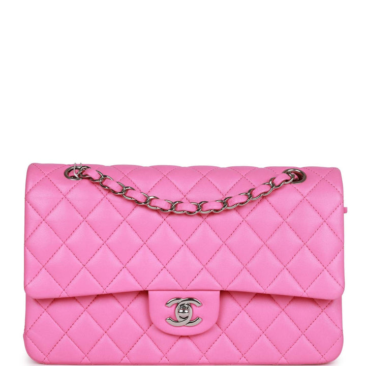 Top Quality Chanel Medium Classic Double Flap Bag Neon Pink Lambskin Silver Hardware