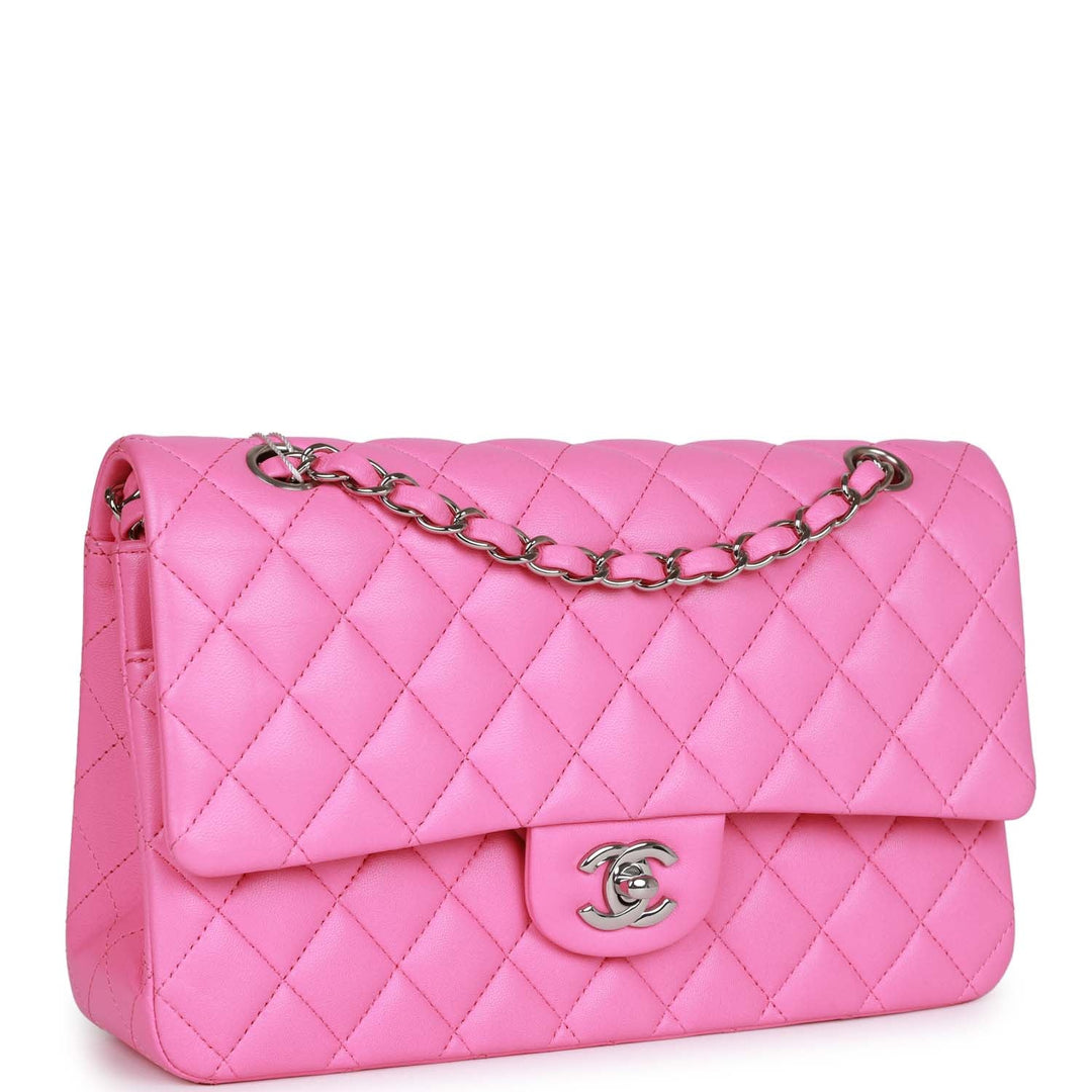 Top Quality Chanel Medium Classic Double Flap Bag Neon Pink Lambskin Silver Hardware