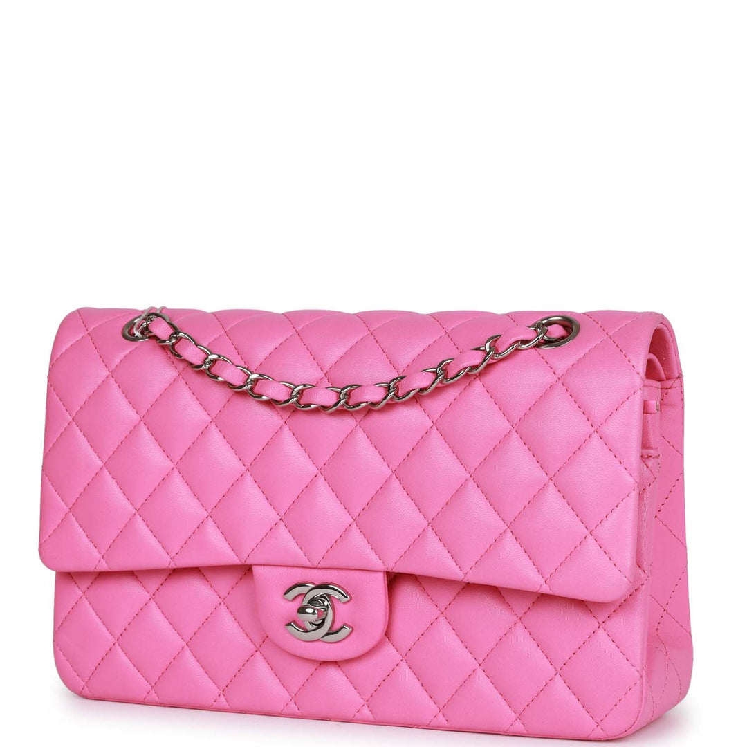 Top Quality Chanel Medium Classic Double Flap Bag Neon Pink Lambskin Silver Hardware