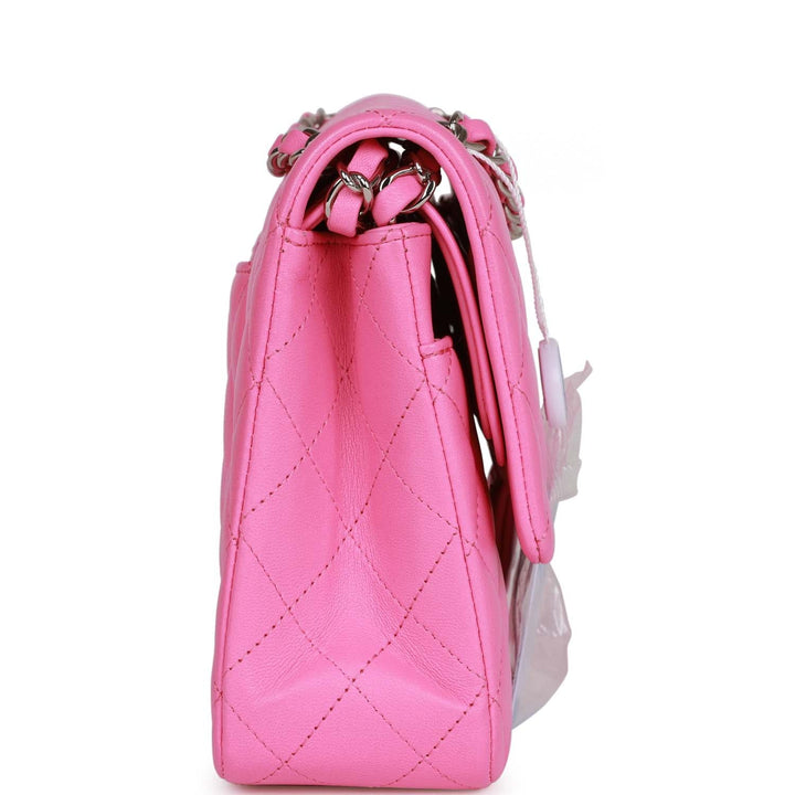 Top Quality Chanel Medium Classic Double Flap Bag Neon Pink Lambskin Silver Hardware