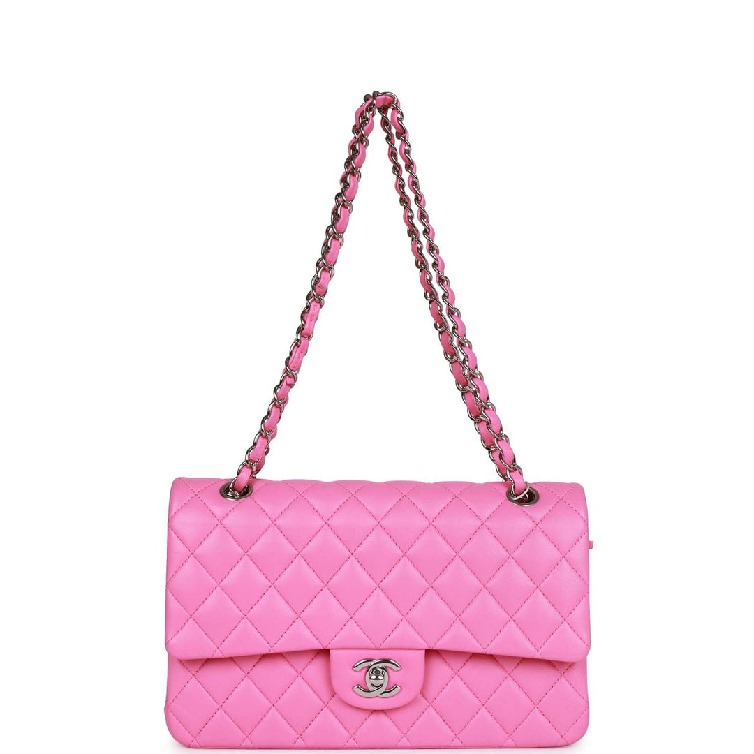 Top Quality Chanel Medium Classic Double Flap Bag Neon Pink Lambskin Silver Hardware