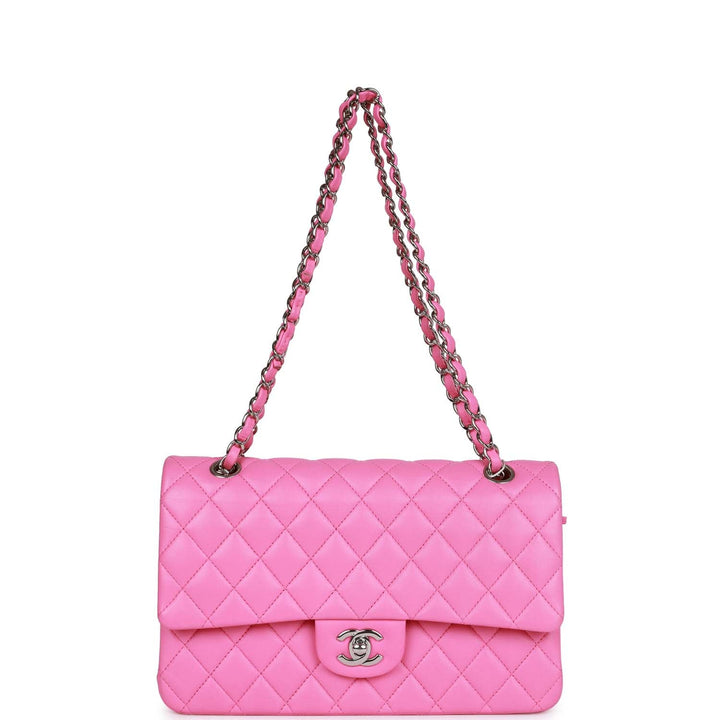 Top Quality Chanel Medium Classic Double Flap Bag Neon Pink Lambskin Silver Hardware