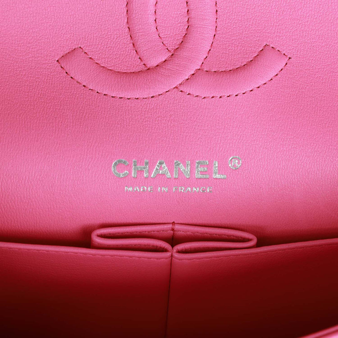 Top Quality Chanel Medium Classic Double Flap Bag Neon Pink Lambskin Silver Hardware