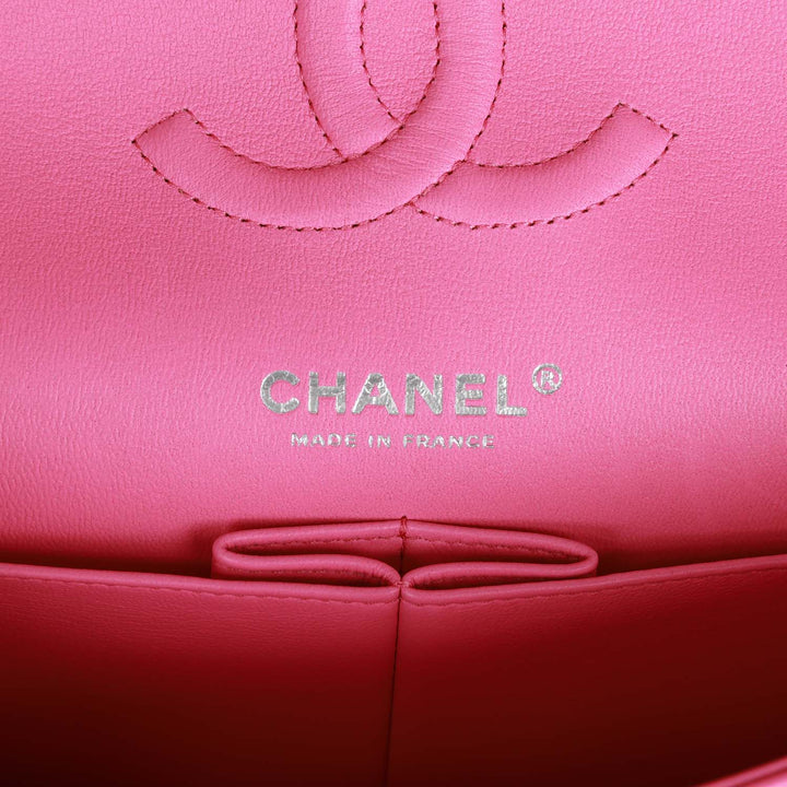 Top Quality Chanel Medium Classic Double Flap Bag Neon Pink Lambskin Silver Hardware