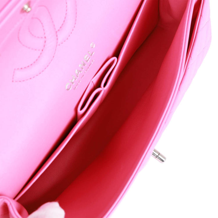 Top Quality Chanel Medium Classic Double Flap Bag Neon Pink Lambskin Silver Hardware